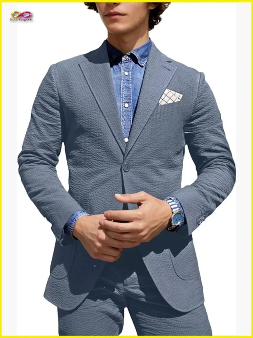 Seersucker Suit Slim Fit Formal Casual Wedding Business Navy Pin Stripe